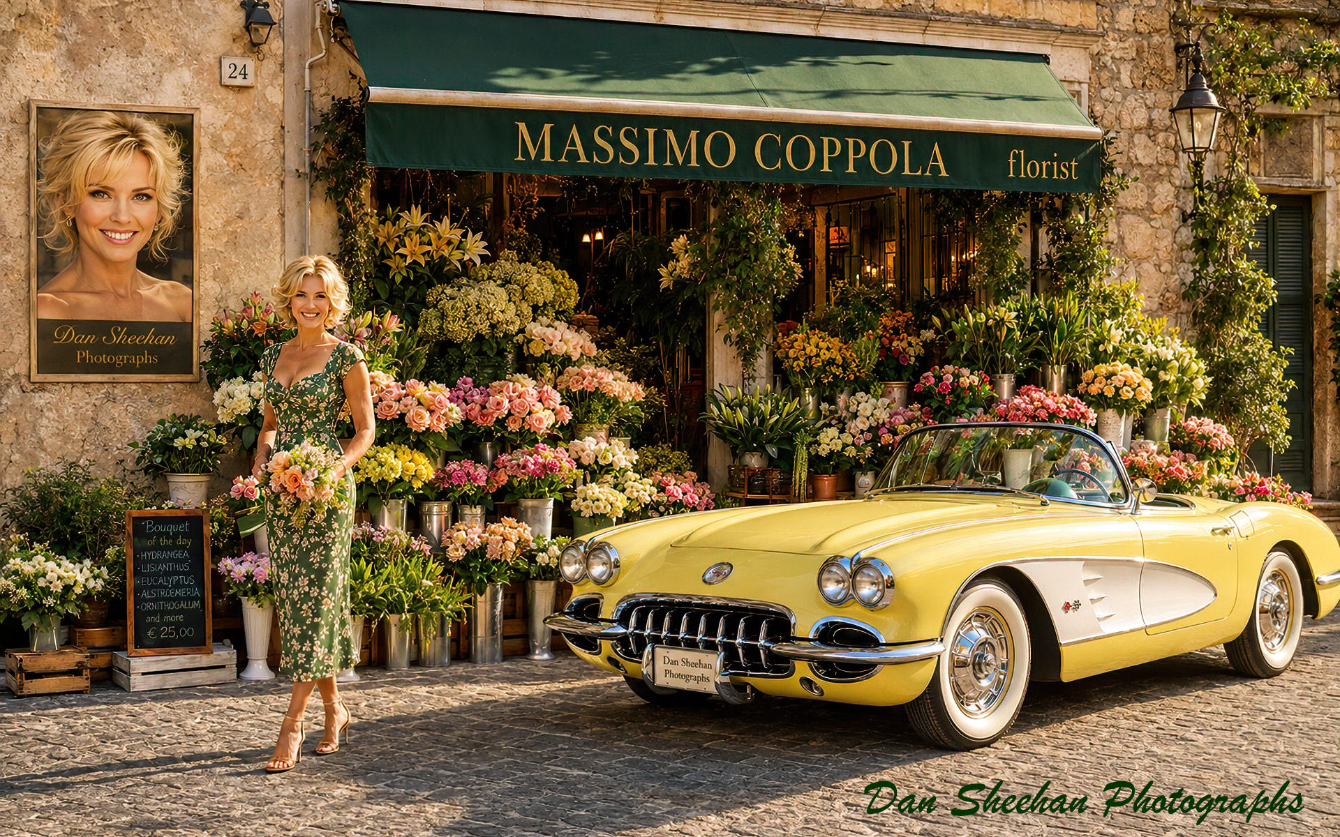 Beautiful owner of a 1958 Corvette shopping at a florist in Italy : Cars : Dan Sheehan Photographs - Fine Art Stock Photography