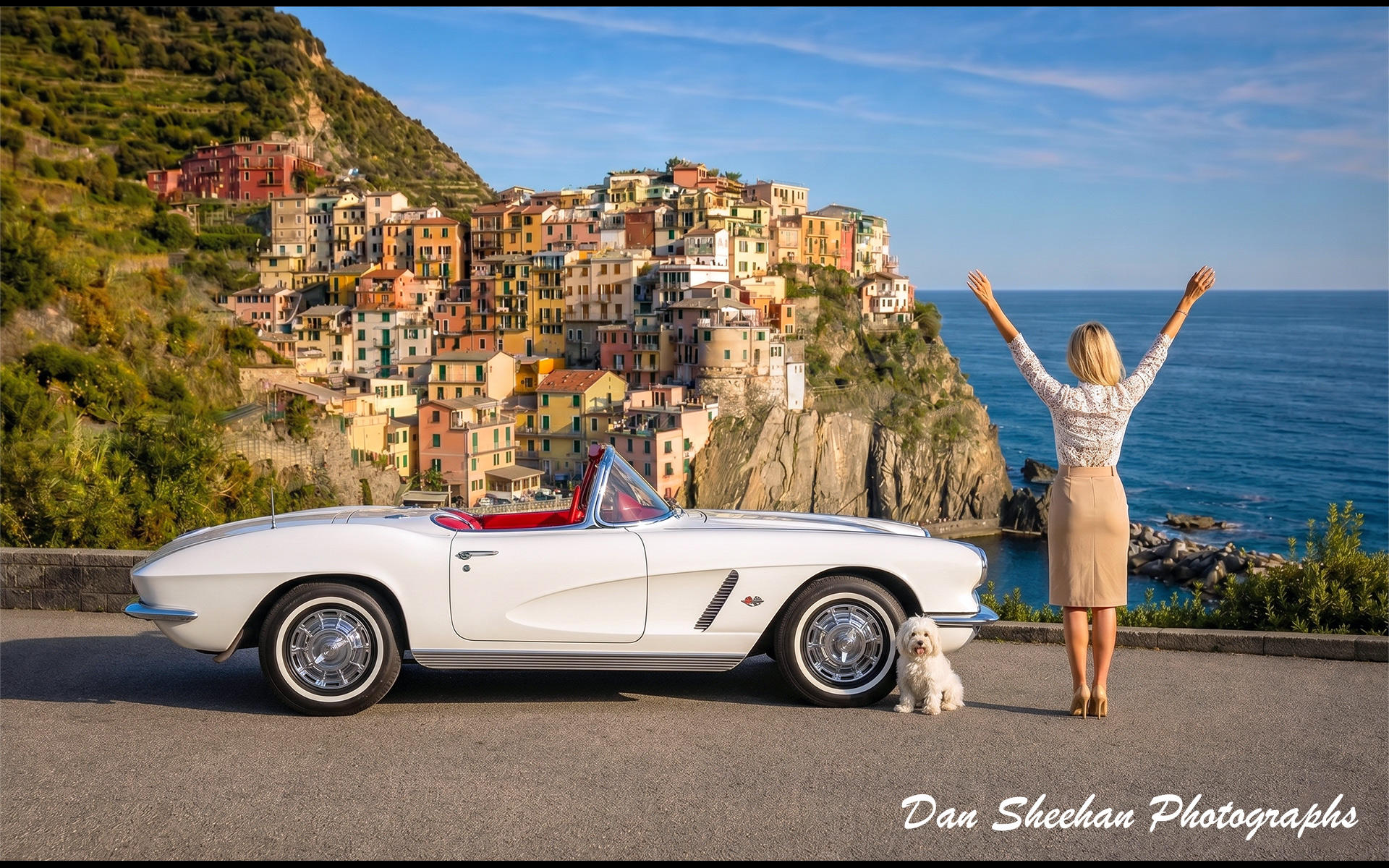 Classic 1962 Corvette with owner celebrating the dramatic view. : Cars : Dan Sheehan Photographs - Fine Art Stock Photography